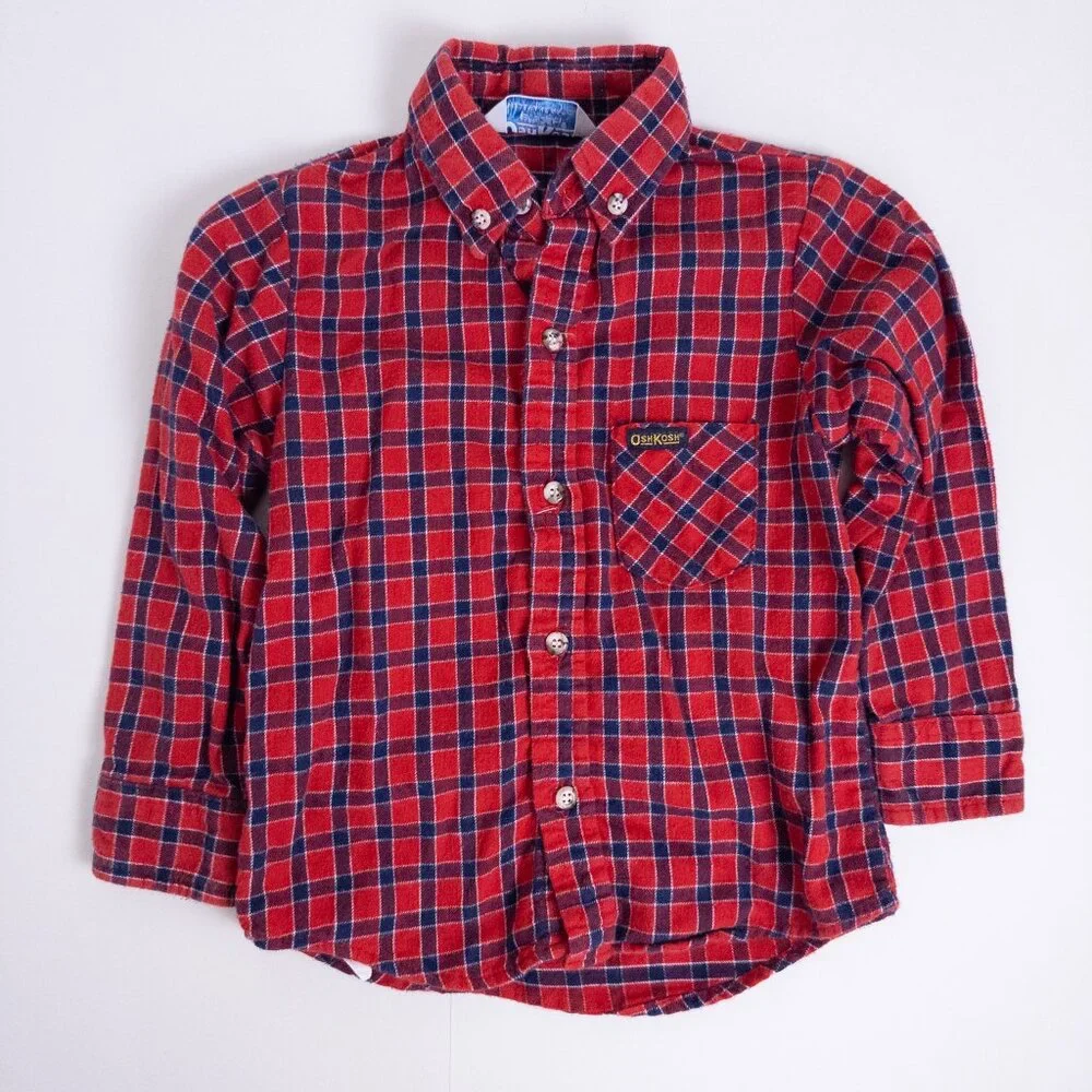 Vintage OshKosh B'Gosh 80s 3-Piece Overalls Knit Sweater‎ Shirt Set Plaid Red 4T